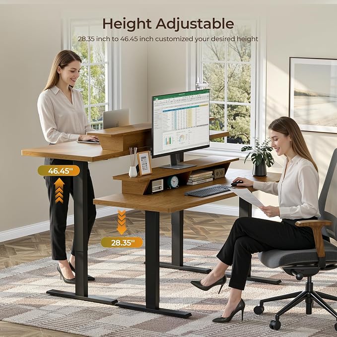 63 x 24 Inches Electric Standing Up Desk with Monitor Shelves,Height Adjustable Computer Desk from 28-46''with Memory Controller,Modern Home Office Desk for Work,Study,Oak Brown