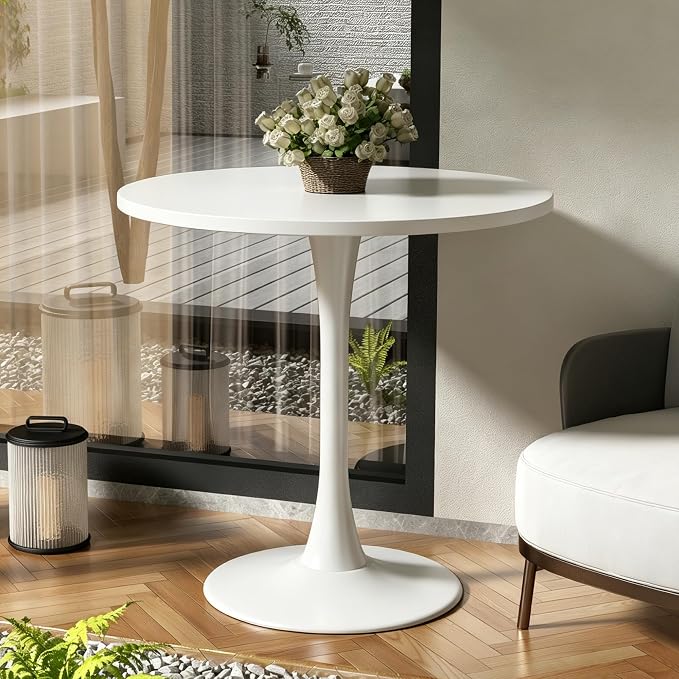 Round Dining Table 30" Circle Tulip Table with Wood Thickened Tabletop & Sturdy Metal Pedestal Mid Century Modern Leisure Bistro Kitchen Tables 4 People Small Places Living Room Cafe,White