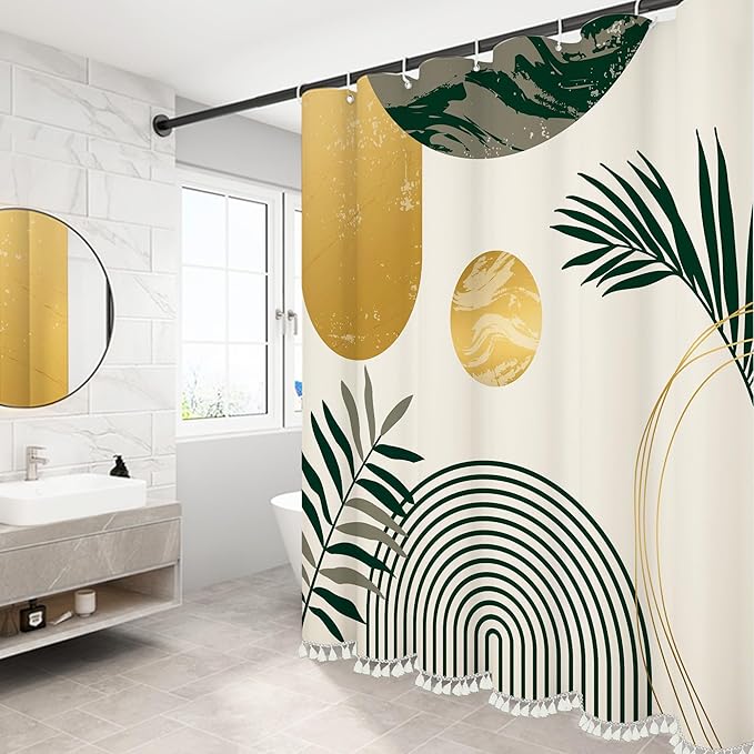 Boho Mid Century Leaf Shower Curtain Set,Arch Sun Design,Minimalistic Leaves Pattern,Waterproof and Luxurious Fabric-12 Hooks(Sage Green-72" x 78")