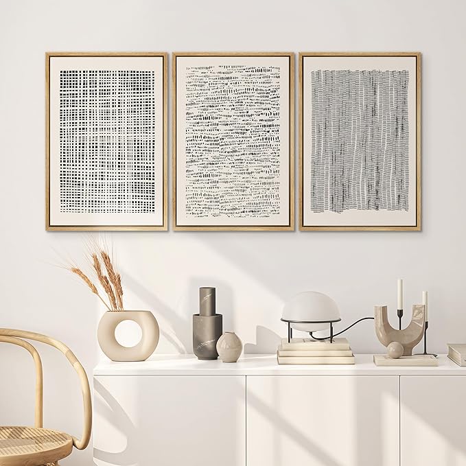 SIGNWIN Framed Canvas Print Wall Art Set Geometric Dark Black Grid Wave Pattern Abstract Shapes Cozy Neutral Modern Art Decorative Contemporary for Living Room, Bedroom, Office - 16"x24"x3 Natural