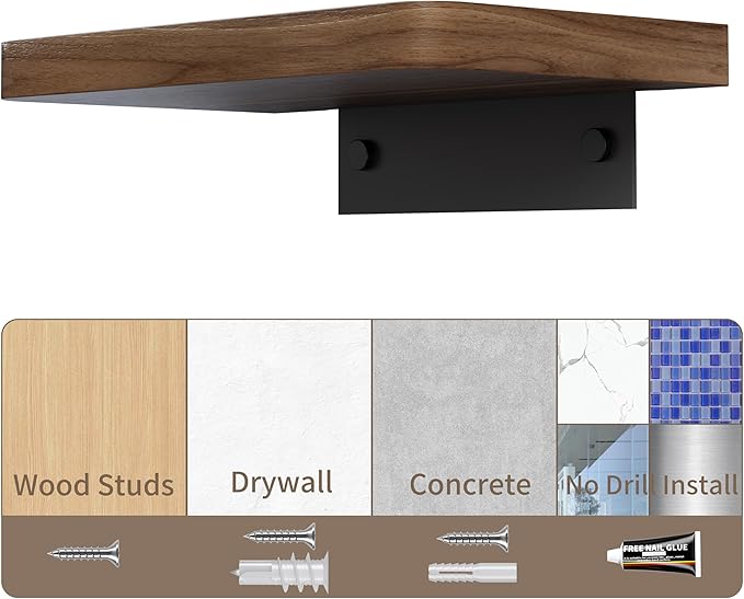 Danpoo 12 inch Solid Walnut Floating Shelf - Versatile Wall Shelf for Kitchen, Bathroom, Office, Displaying Books, Decor, and Plants