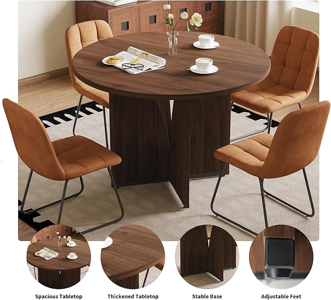 HIPIHOM Modern Round Dining Table Set for 2, 39.4" Walnut Kitchen Table with 2 PU Leather Chairs, 3-Piece Mid-Century Dining Room Set for Small Spaces, Pedestal Base & Ergonomic Padded Chairs