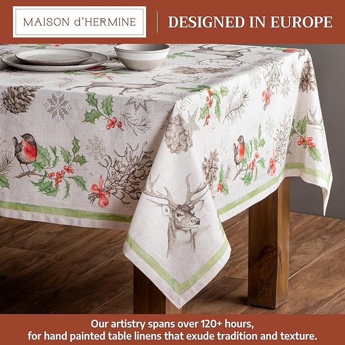 Maison d' Hermine Table Cloth Square Table 100% Cotton 60 x 60 Inches Fall Tablecloth Reusable Everyday Use for Thanksgiving Christmas Decorations Dining Farmhouse Party (Christmas Dew)