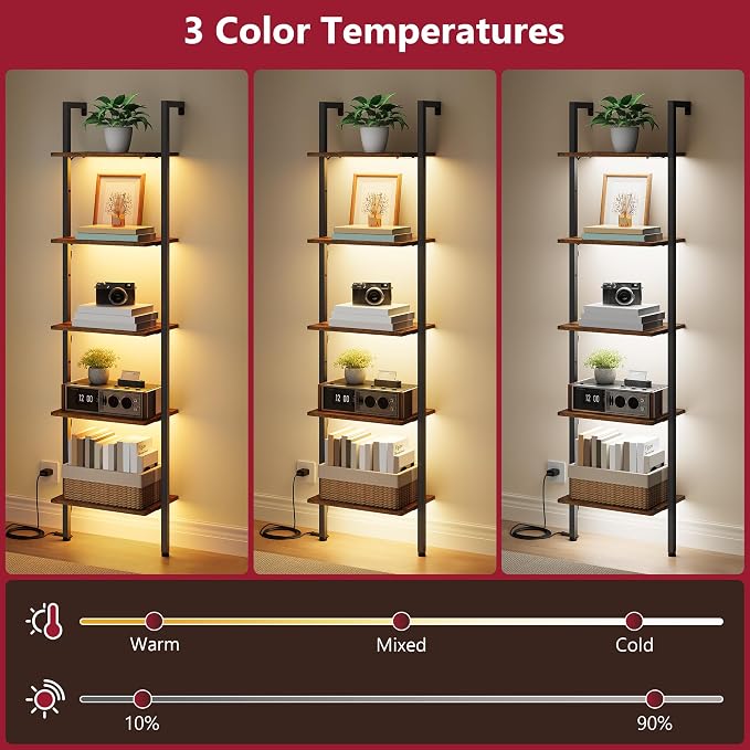 Tajsoon 5-Tier Ladder Shelf with LED Light, Wall Mounted Ladder Bookshelf with Metal Frame, Wall Ladder Bookshelf for Living Room, Bedroom, Office, Rustic Brown