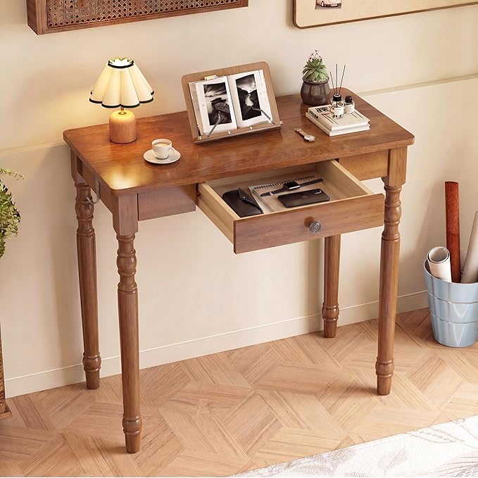 100% Solid Wooden Desk with Drawers - 31.5” Mid Century Modern Desk with 2 Hooks, Vintage Writing Desk with Drawers, Simple Work Study Table for Bedroom & Home Office - Walnut Color