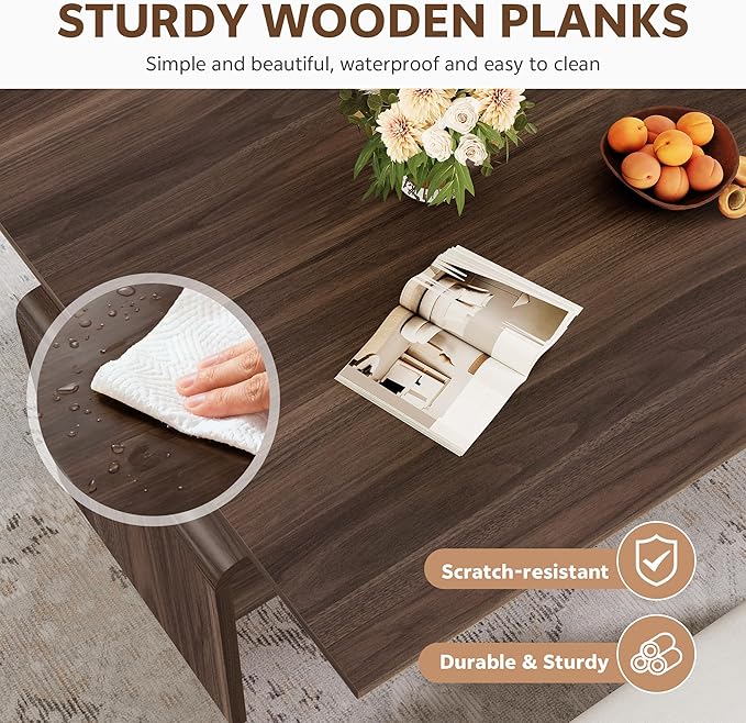 Coffee Table Lift Top, 40'' Multi-Function Coffee Table Set with Bench & Hidden Compartment, Center Table w/Curved Corner, Converts to Home Office Table, Dining Table for Living Room, Walnut