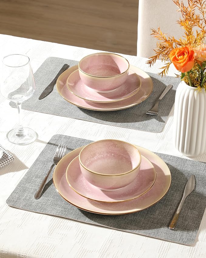 Sweejar 24 Piece Dinnerware Sets for 8, Porcelain Plates and Bowls Set for Kitchen, Housewaring Gift, Chip and Scratch Resistant, Easy Cleaning Dishes Set, Stack Compactly Dishware, Pink