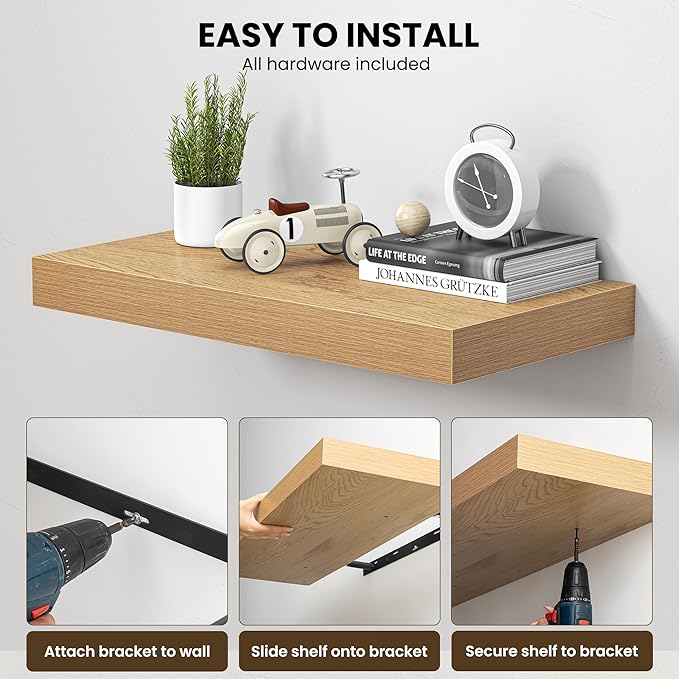 Dreamland 32" Floating Shelves for Wall, 12" Deep Thicker Oak Floating Shelves, Wall-Mounted Shelves for Bedroom, Living Room, Kitchen, Bathroom - Set of 2
