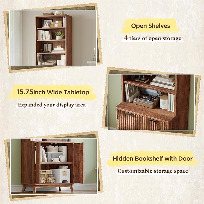 DurayLoly 6-Tier Bookshelf, Modern Bookcase with Fluted Doors & Adjustable Shelves, Mid-Century Cabinet, Wooden Book Shelf for Home Office, Living Room, Kitchen, Walnut