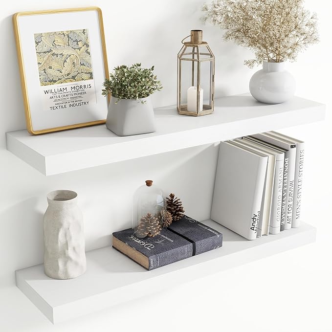 36 Inch Floating Shelves for Wall, 8 Inch Deep Floating Shelf for Storage & Display, Rustic Wall Mounted Shelf with Invisible Brackets for Living Room, Kitchen, Bathroom, Home Decor, Set of 2, White