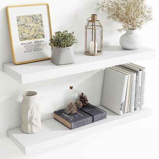 36 Inch Floating Shelves for Wall, 8 Inch Deep Floating Shelf for Storage & Display, Rustic Wall Mounted Shelf with Invisible Brackets for Living Room, Kitchen, Bathroom, Home Decor, Set of 2, White