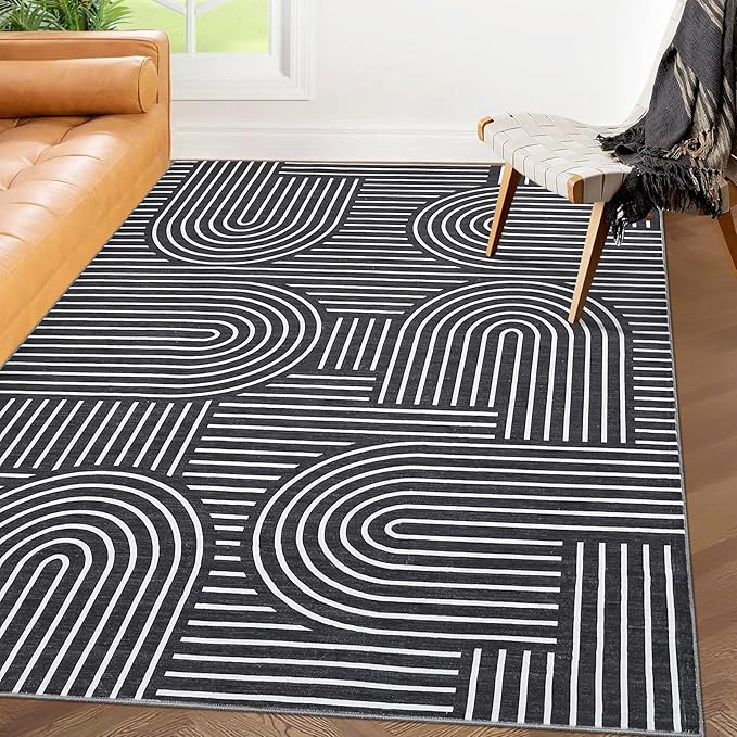 Washable Rug 4x6 Area Rugs for Living Room, Abstract Rug for Bedroom, Soft Rainbow Non Slip Throw Rugs with Rubber Back, Low Pile Stain Resistant Boho Geometric Carpet for Dining Room, Black