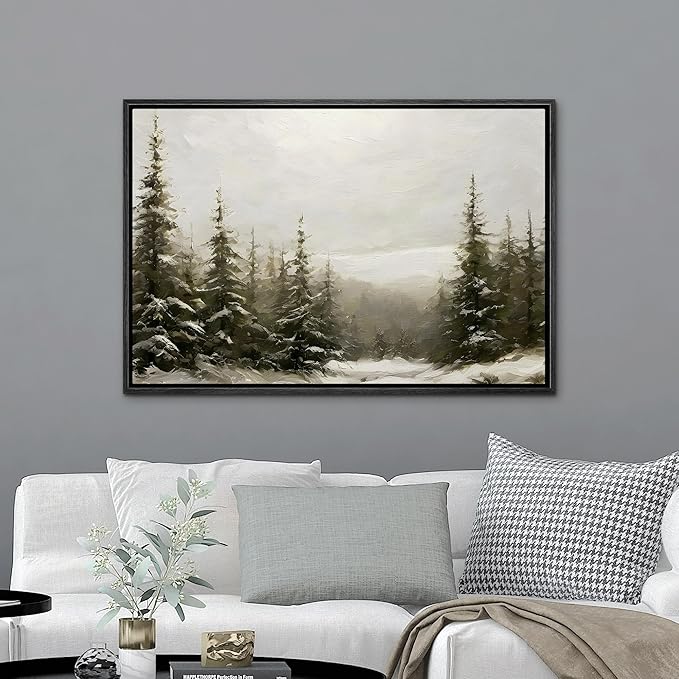 MUDECOR Framed Canvas Print Wall Art Winter Pine Forest Landscape Minimalist Nature Wilderness Antique Retro Fine Art Illustrations Decorative for Bedroom - 16"x24" Black