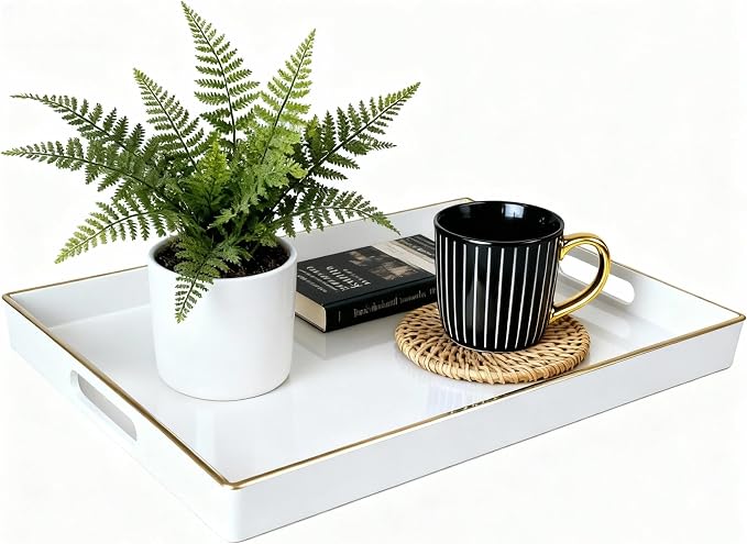 Decorative Plastic Serving Tray with Handles, Modern Vanity Organizer for Bathroom, Kitchen, Ottoman and Coffee Table (White, Rectangular)