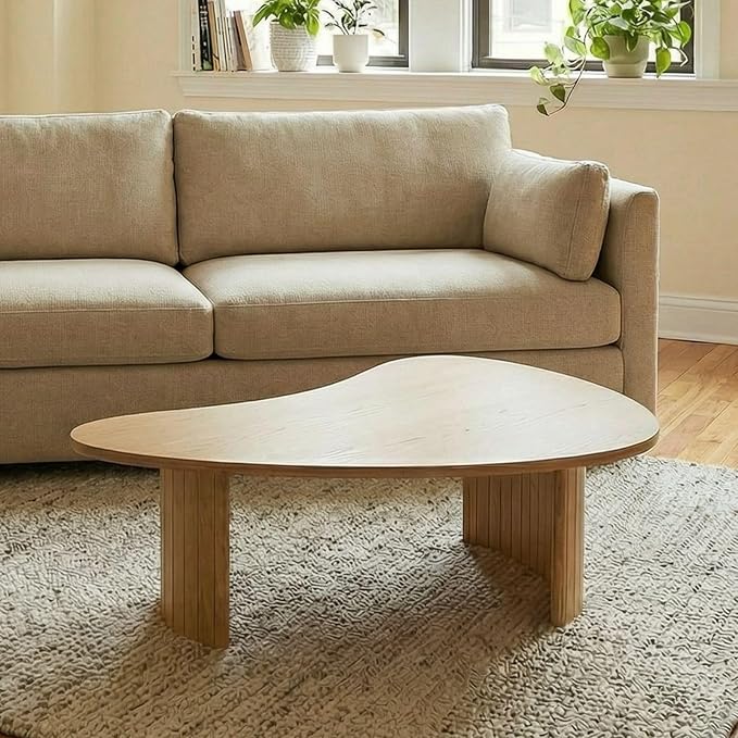 35.5 Inch Modern Wood Small Coffee Table for Small Spaces, Natural Boho Center Table with Irregular Mango Top and Fluted Legs for Living Room, Apartment