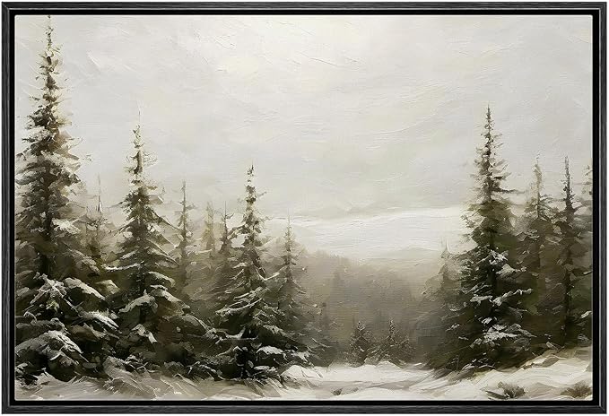 MUDECOR Framed Canvas Print Wall Art Winter Pine Forest Landscape Minimalist Nature Wilderness Antique Retro Fine Art Illustrations Decorative for Bedroom - 24"x36" Black