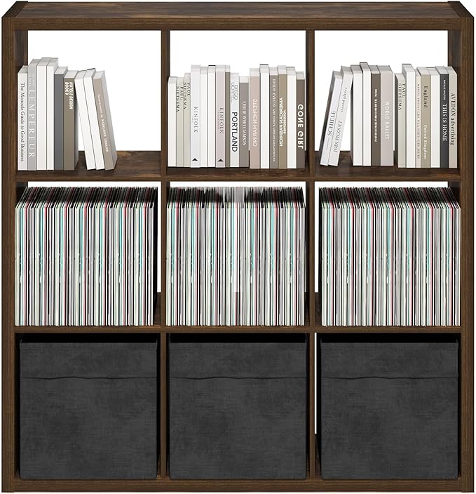 Furinno Cubicle Book Shelf, 9-Cube Bookshelf, Extra Thick Frame Reversible Bookcase with Open Back, 14.6" x 44" x 44", for Living Room, Bedroom, Home Office, Amber Pine