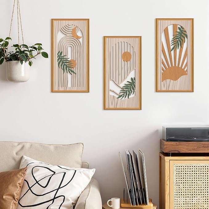 Celestdeco Boho Abstract Wood Wall Art Modern Geometric Artwork Bohemian Sun and Moon Wood Wall Decor Minimalist Line Hanging Decor for Living Room Bedroom Apartment 7.9 x15.8 Inch