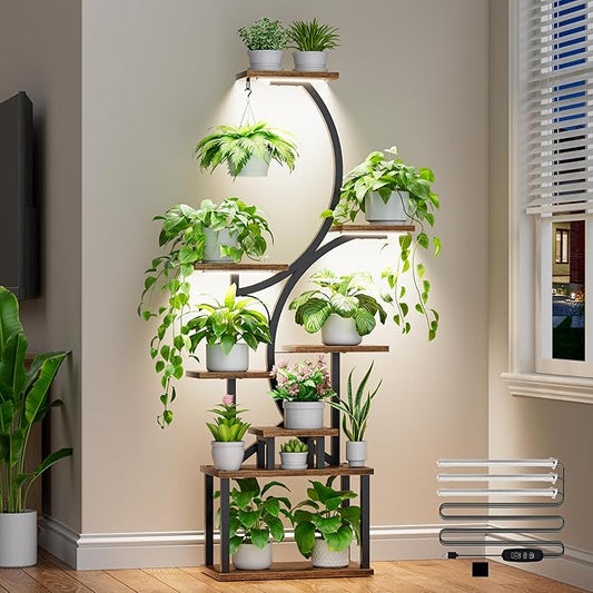 Plant Stand with Grow Lights for Indoor Plants, 8-Tiered Tall Corner Plant Shelf with Full Spectrum Light, S-Shaped Space-Saving Narrow Flower Holder, Anti-Tip for Living Room Bedroom Office, Brown