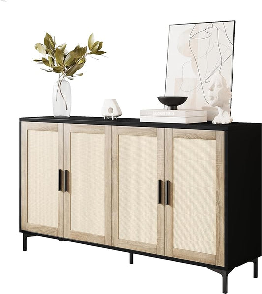 JASIWAY Buffet Cabinet with Storage, 48" Rattan Sideboard with Adjustable Shelves, Modern Coffee Bar Cabinet Console Table with Doors, Credenza for Kitchen, Living Room, Entryway, Dining Room, Black