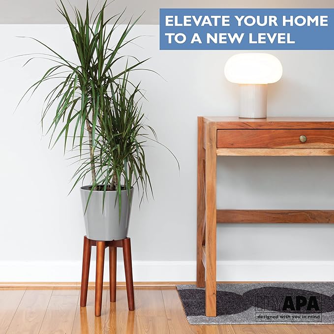 Ilyapa Indoor Plant Stand - Mid Century Modern Floor Planter Stand, 12 Inch Tall, 9.5 Inch Wide Walnut Stain Pot Riser - Plants Display Rack