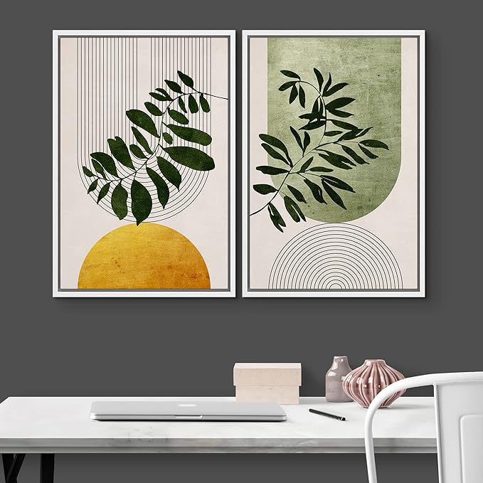 IDEA4WALL Framed Canvas Print Wall Art Set Mid-Century Geometric Forest Plant Leaf Nature Wilderness Illustrations Modern Art Rustic Decorative for Living Room, Bedroom, Office - 24"x36"x2 White