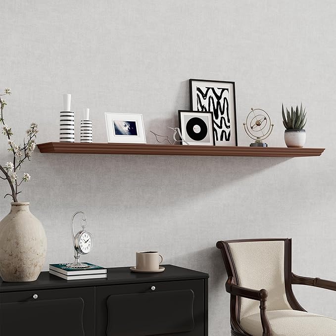 Fun Memories Floating Shelves 55 Inch Long, 9.3 Inch Deep Classic Crown Molding Floating Shelves for Wall, Rustic Wooden Shelves for Wall Decor Bathroom, Kitchen, Office, (Walnut, 1Pack)
