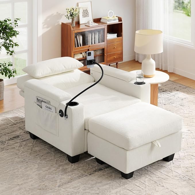 Small Chaise Lounge Chair Indoor with Ottoman&Adjustable Backrest,Chenille Tufted Recliner Comfy Sofa Chair with USB,Phone Holder&Storage Arms,Convertible Sleeper Couch Bed for Living Room(37"W,Beige)