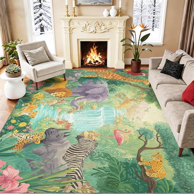 Green 5' x 8' Washable Area Rug for Living Room, Modern Tropical Rainforest Animals Giraffe Flamingo Printed Non-Slip Carpet - Low Pile Soft Indoor Rug for Bedroom Kids Playroom Parent-Child Space
