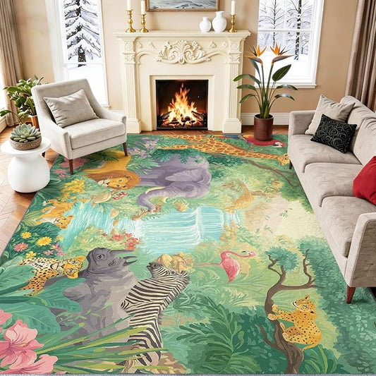 Green 5' x 8' Washable Area Rug for Living Room, Modern Tropical Rainforest Animals Giraffe Flamingo Printed Non-Slip Carpet - Low Pile Soft Indoor Rug for Bedroom Kids Playroom Parent-Child Space