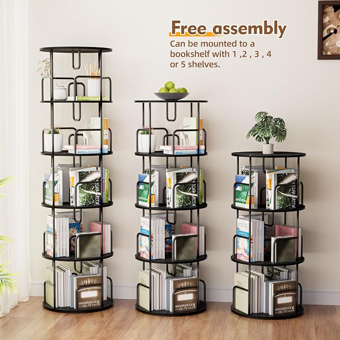 YZU Rotating Bookshelf 5 Tier 360 ° Display Spinning Bookshelf Tower, Revolving Bookcase Narrow Space Saving Swivel Book Shelf Corner Storage Organizer for Bedroom, Living Room Corner, Office