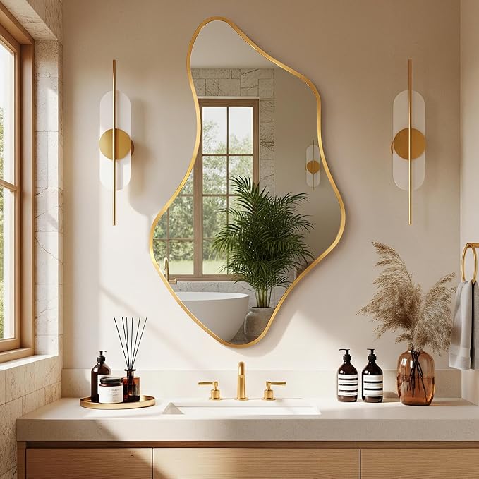 Asymmetrical Wall Mirror, Irregular Shaped Frameless Vanity Mirror, Modern Decorative Mirror for Entryway, Living Room, Bathroom