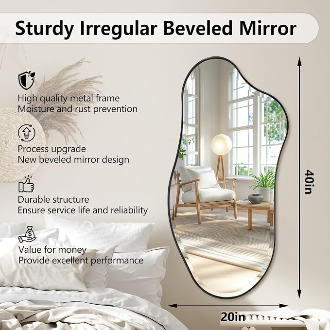 POZINO Irregular Beveled Mirror, 40"x20" Asymmetrical Vanity Wall Mirror with Black Metal Frame, Organic Shape Mirrors for Entryway Bathroom Bedroom Hallway Living Room, Horizontal/Vertical Hanging