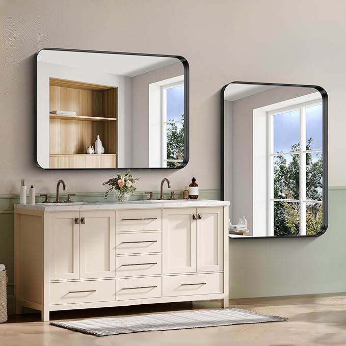 CIRCUMI Black Bathroom Mirror, 36"x50" Rectangular Mirror with Deep Metal Frame, Rounded Corner, Tempered Glass, Large Mirror for Wall, Over 2 Sinks, Installed Vertically/Horizontally, Crystal-Clear