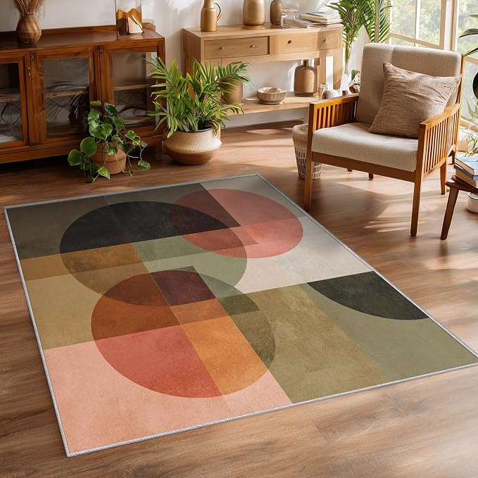 Mid Century Modern Rugs for Entryway, 2x3 ft, Abstract Geometric Area Rugs for Bedroom Kitchen Entrance, Soft Non Slip Washable Retro Geo Circles MCM Indoor Door Mat Home Decorations D-1g