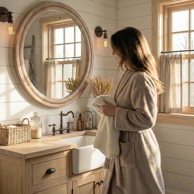 30" Round Solid Wood Mirror for Bathroom Vanity, Handcrafted Beaded Circle Wall Mirror - Natural Boho Farmhouse Decor for Entryway & Bedroom
