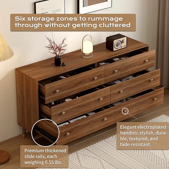 6 Drawer Dresser For Bedroom, 55 Inch Dresser for Closet with Walnut Frame, Modern Solid Wood Chest of Drawers with Natural Texture & Pre-Embedded Slots For TV Stand, Living Room, Hallway, Office