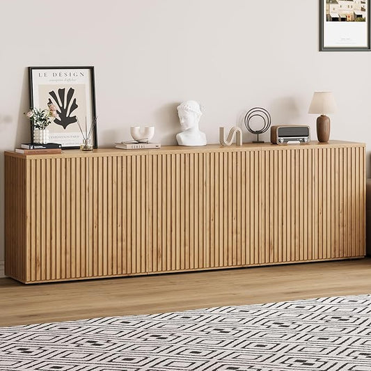 Rophefx Fluted Sideboard Cabinet, 94.5" Buffet Cabinet with Storage, Credenza Storage Cabinets with Adjustable Shelf, Wood Entryway Cabinets with Pop-up Doors for Living Room, Entryway, Hallway, Oak