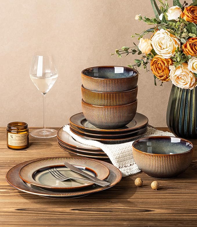 TheTerra Stoneware Dinnerware Sets for 6, 18 Pieces Ceramic Lightweight Plates and Bowls Sets, Scratch Resistant Embossed Dish Set, Oven, Microwave & Dishwasher Safe, Coca Mocha
