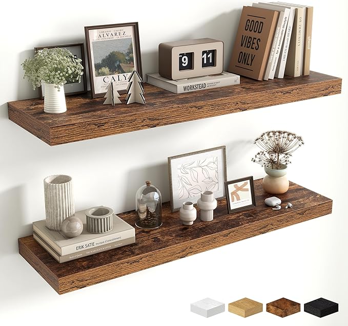 Fun Memories Floating Shelves for Wall 36 Inches, Wood Shelves with Invisible Bracket, 10" Deep Shelves Wall Mounted, Large Floating Shelves for Living Room Bathroom, Rustic Brown, Set of 2