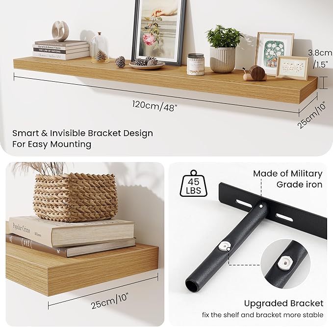Fun Memories 55 Inch Fireplace Mantel Shelf, 10 Inch Deep Shelves for Display & Wall Storage, Rustic Wood Wall Shelf, Extra Long Floating Shelves for Living Room Laundry Room, Oak, Set of 1