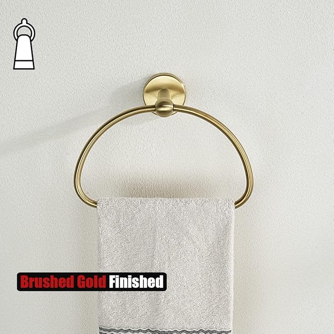 JQK Towel Ring Light Gold, Stainless Steel Half Ring Towel Holder for Bathroom, 7 Inch Brushed Golden Wall Mount, TR160-BG