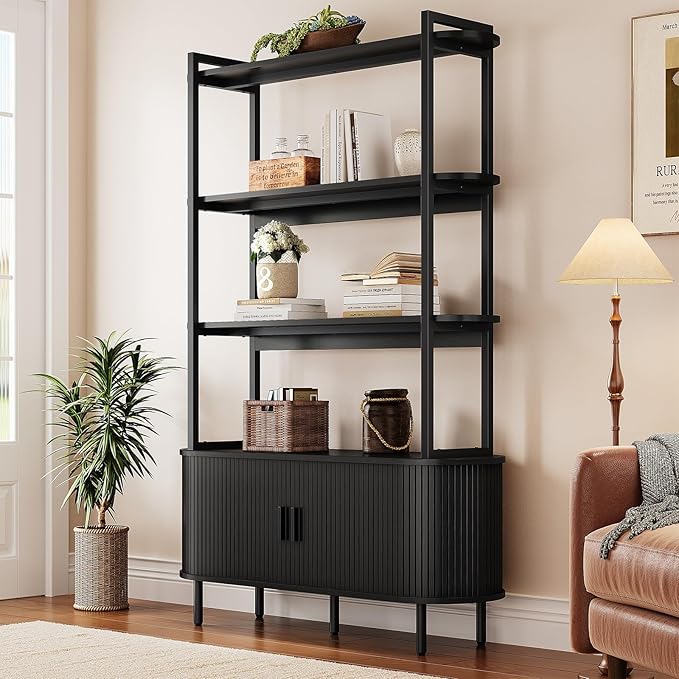 4 Tier Bookshelf with Fluted Cabinet, Tall Bookcase with Sliding Door, Metal and Wood Display Shelf, Free Standing Storage Shelving Unit, Corner Storage Organizer for Living Room, Home Office, Black