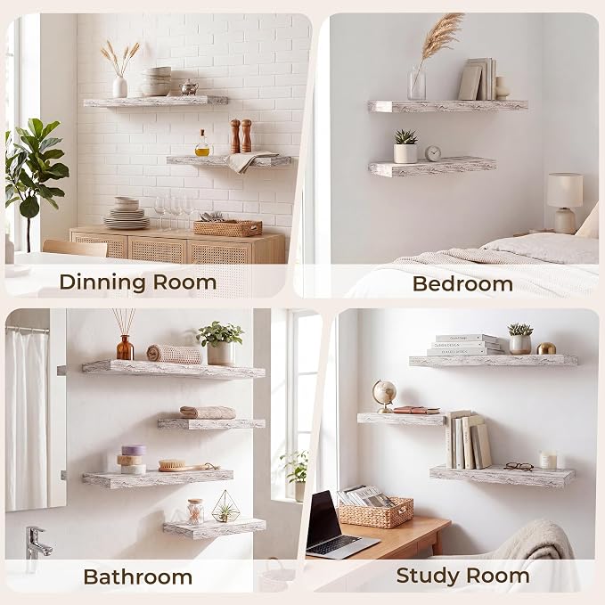 RICHFOCUS 20Inch Floating Shelves for Wall 2 Pack Shelves for Plant|Bedroom|Kitchen|Bathroom Rustic Wood Wall Mounted Shelf with Invisible Brackets for Books|Storage|Decor, Rustic White