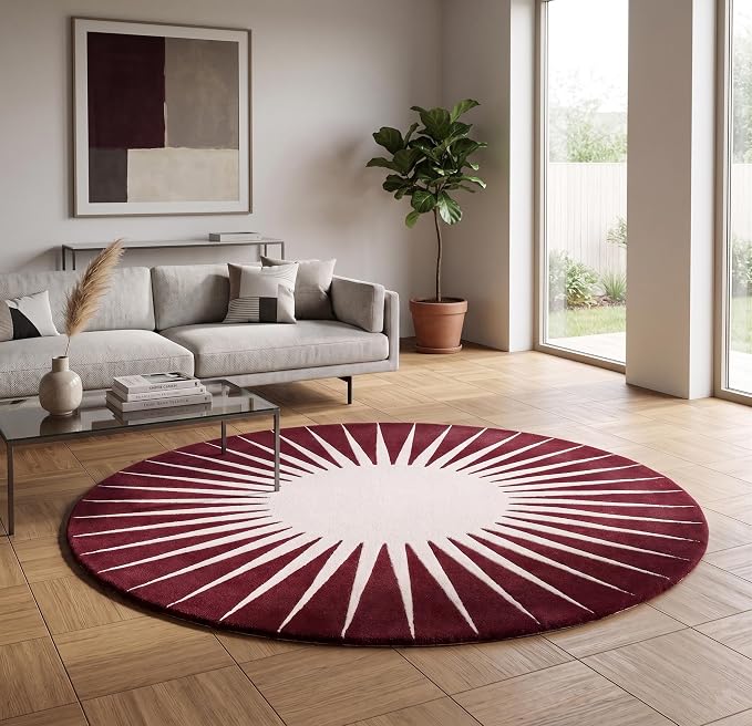 Restoration and Renovation Modern Round Area Rug – Hand-Tufted with 100% NZ Wool, Thick & Soft Circular Carpet for Living Room, Bedroom & Dining Room Decor (Maroon, 5' Round)