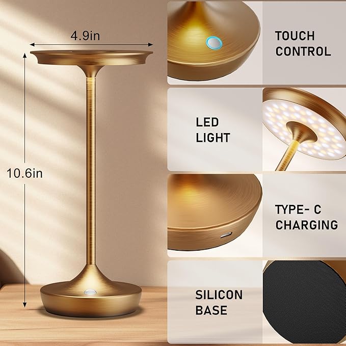 LED Cordless Table Lamps Rechargeable - Outdoor 6000mAh Battery Operated Portable Tables Light 3 Color Stepless Dimming Lamp with Memory Function for Patio Restaurant Dining Bronze