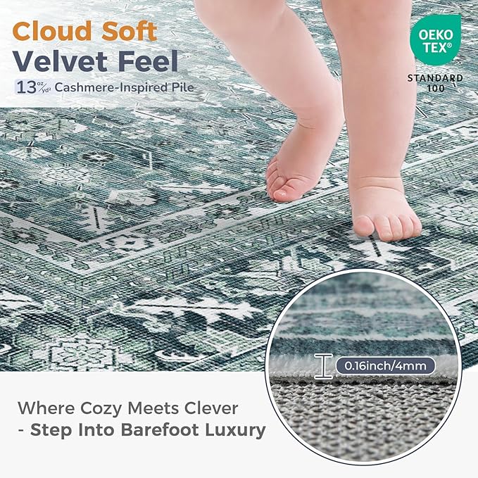 OPPODREAM Vintage Teal Area Rugs 8x10, 8 x 10 Retro Washable Rug Non Slip, Low-Pile Faux Wool Carpet, Distressed Floor Mat for Living Room, Bedroom, Office, Dorm, Dinning Room, Big & Large
