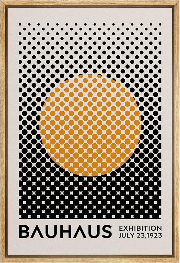 MUDECOR Framed Canvas Print Wall Art Mid-Century Bauhaus Black Orange Grid Dot Sun Shapes Abstract Illustrations Modern Art Multicolor Relax/Calm for Living Room, Bedroom, Office - 16"x24" Natural