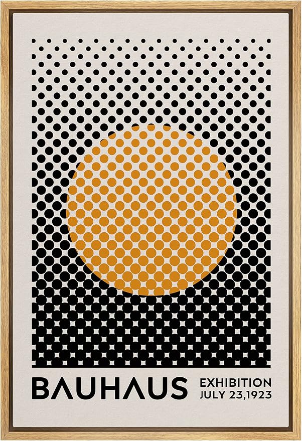 MUDECOR Framed Canvas Print Wall Art Mid-Century Bauhaus Black Orange Grid Dot Sun Shapes Abstract Illustrations Modern Art Multicolor Relax/Calm for Living Room, Bedroom, Office - 24"x36" Natural