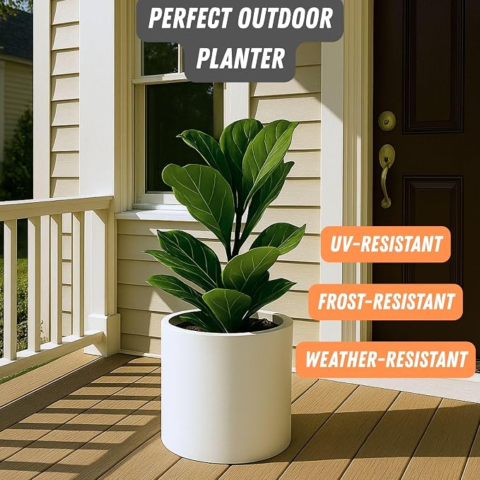 Fox & Fern Large Indoor Planter, Modern Large Plant Pot for Indoor or Outdoor, UV and Frost Resistant - 12 Inch, Fiberstone, Matte White Flower Pot with Drainage Plug, Lightweight